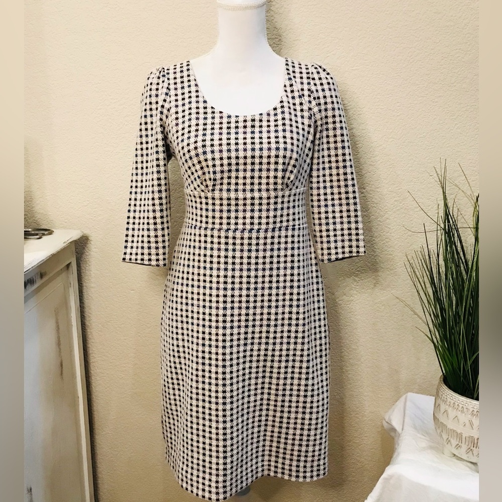 Ann Taylor 3/4 sleeve checked knee length pencil dress sz 4petite